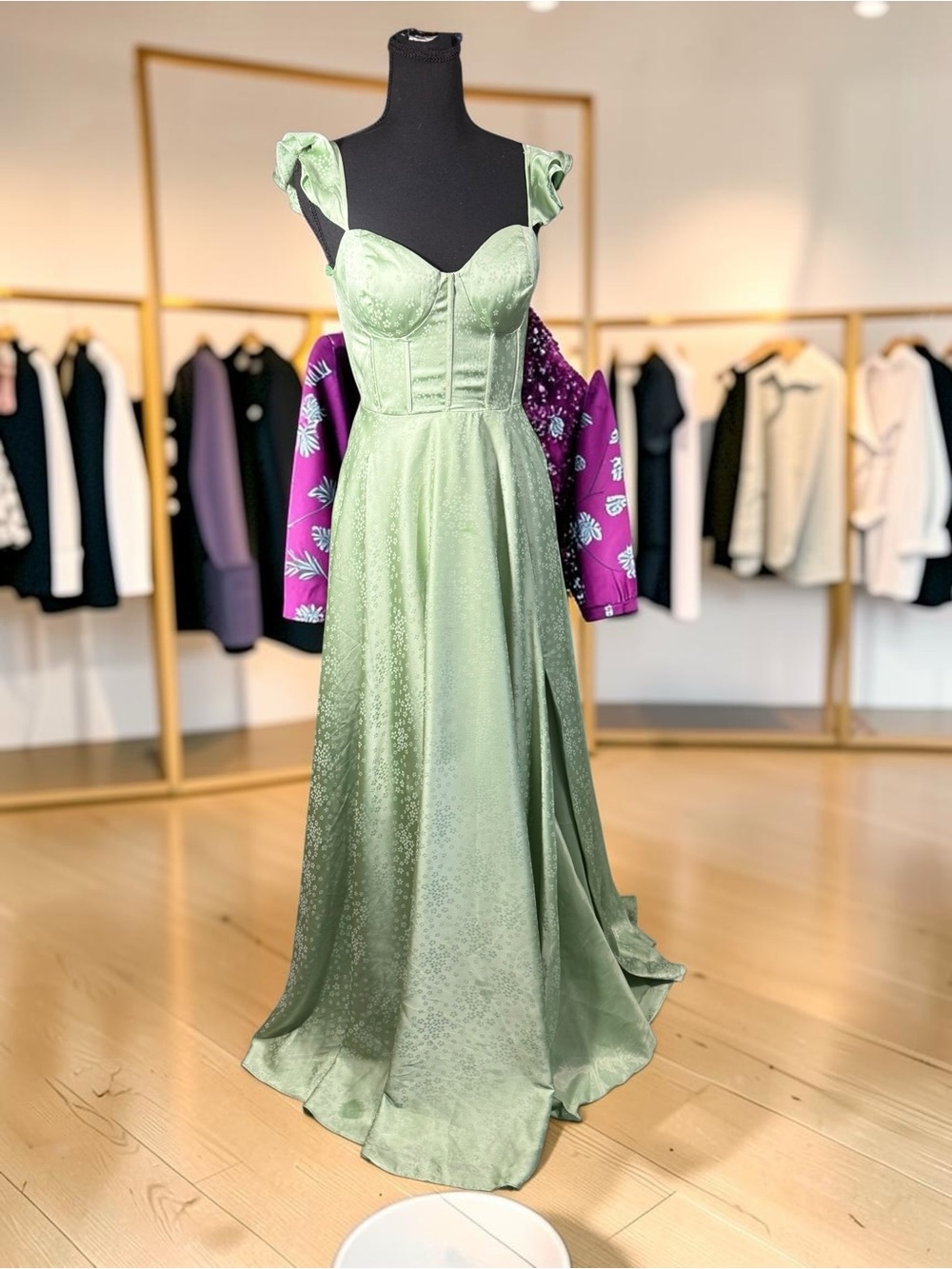 B Darlin Sage Green Satin Maxi Dress with Sweetheart Bodice